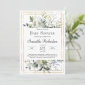 緑の葉と金ゴールド幾何学的ボホベビー 招待状 (スタンド正面)
