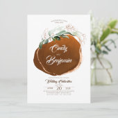 緑の葉と銅のモダン箔結婚 招待状 (スタンド正面)