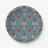 緑の葉に花柄の青い背景 ペーパープレート (正面)