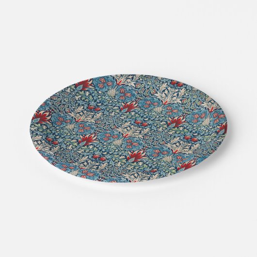 緑の葉に花柄の青い背景 ペーパープレート (アングル)