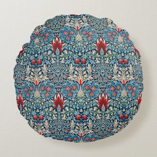 緑の葉に花柄の青い背景 ラウンドクッション (正面)