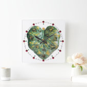緑の葉に赤いルビー、白いカエル スクエア壁時計 (ホーム)