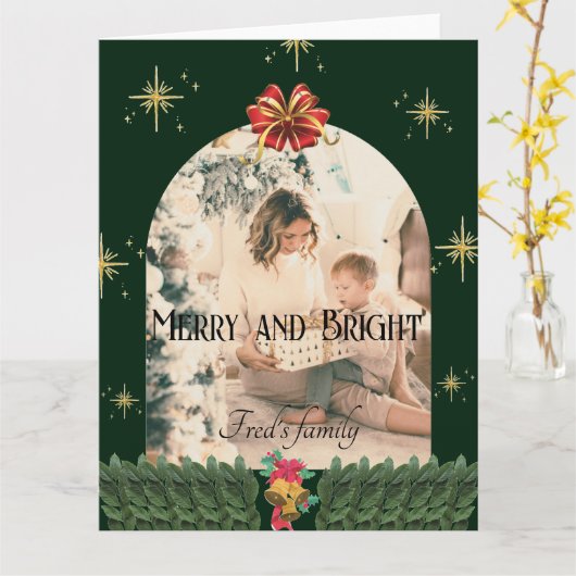 緑の葉のアーチ写真の季節は陽気なクリスマス カード (黄色い花)