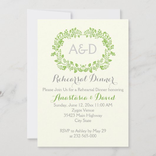 緑の葉のイニシャル結婚のリハーサルディナー 招待状 (正面)