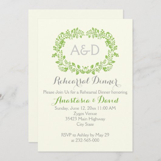 緑の葉のイニシャル結婚のリハーサルディナー 招待状 (正面/裏面)