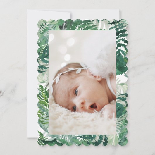 緑の葉のエレガント植物体の洗礼写真 招待状 (裏面)