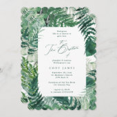 緑の葉のエレガント植物体の洗礼写真 招待状 (正面/裏面)