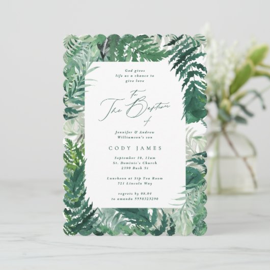 緑の葉のエレガント植物体の洗礼写真 招待状 (スタンド正面)