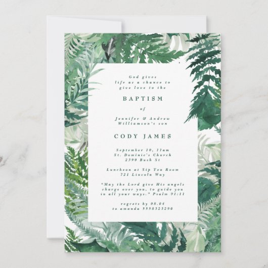 緑の葉のエレガント植物洗礼写真 招待状 (正面)