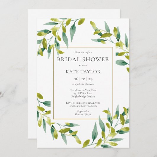 緑の葉のエレガント金ゴールドブライダルシャワー 招待状 (正面/裏面)