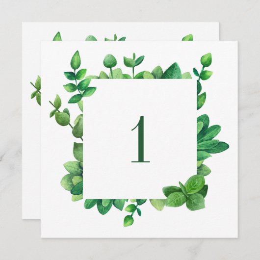 緑の葉のテーブル番号。グリーンのウェディング 招待状 (正面/裏面)