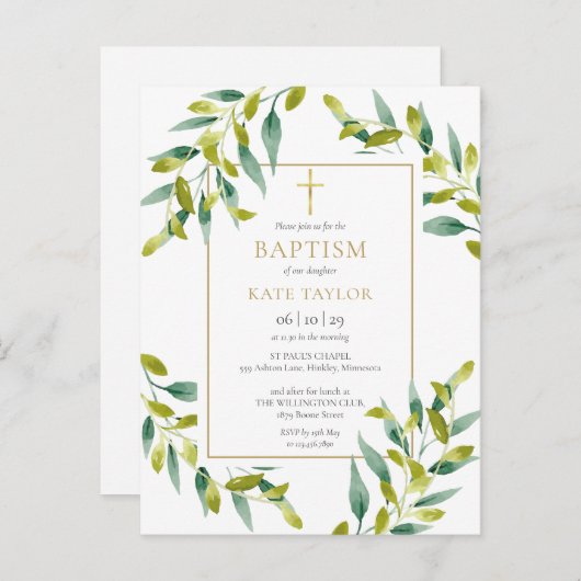 緑の葉のバプテスマ《キリスト教》洗礼式や命名式 インビテーションポストカード (正面/裏面)