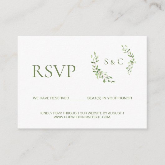 緑の葉のモノグラムクレスト 結婚式ウェブサイト RSVP エンクロージャーカード (正面)