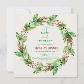 緑の葉のリースのクリスマスパーティーへの招待状 (正面)