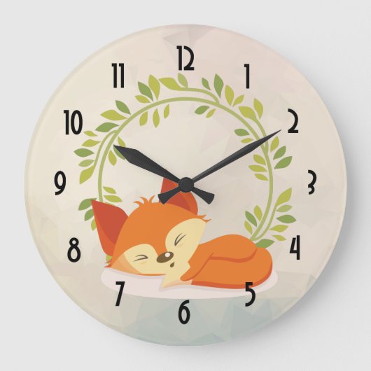緑の葉のリースを持つかわいい睡眠のオレンジキツネ ラージ壁時計 (正面)