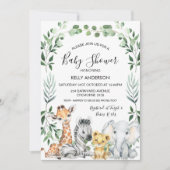 緑の葉のリースサファリ動物のベビーシャワー 招待状 (正面)