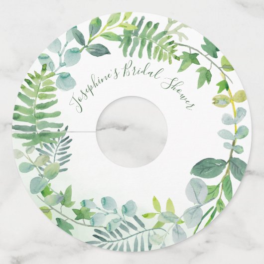 緑の葉のリースパーソナライズされたブライダルシャワー ワイングラスタグ (正面)