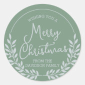 緑の葉のリースメリークリスマス ラウンドシール (正面)