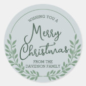 緑の葉のリースメリークリスマス ラウンドシール (正面)