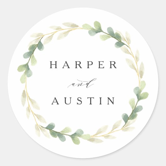 緑の葉のリース水色ボタニッ結婚クス ラウンドシール (正面)