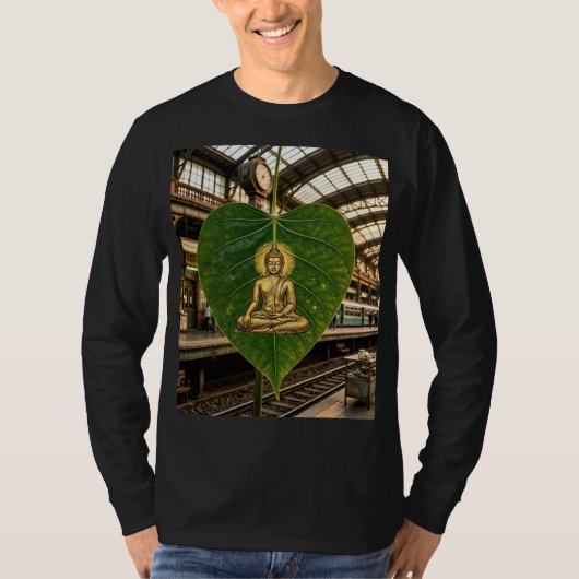 緑の葉の上の金色仏画 メンズ ロングTシャツ Tシャツ (正面)