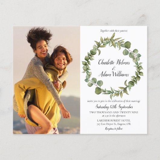 緑の葉の写真の予算結婚式招待状 (正面)