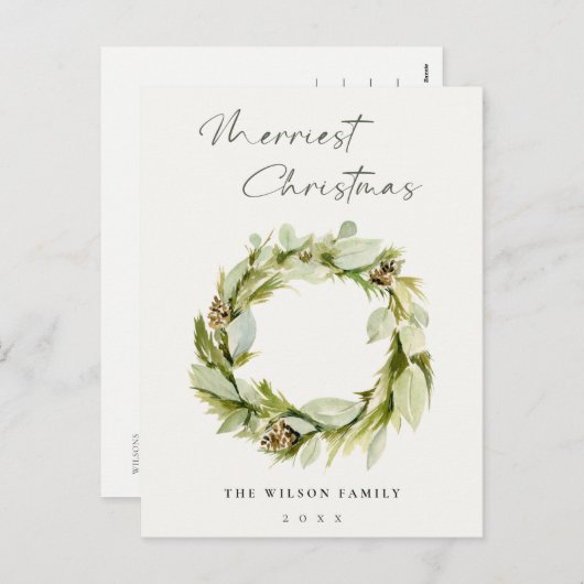 緑の葉の冬のリースメリークリスマス シーズンポストカード (正面/裏面)