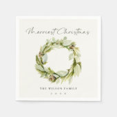 緑の葉の冬のリースメリークリスマス スタンダードカクテルナプキン (正面)