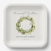 緑の葉の冬のリースメリークリスマス ペーパープレート (正面)
