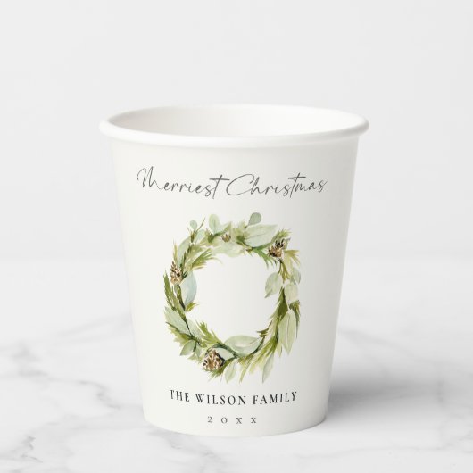 緑の葉の冬のリースメリークリスマス 紙コップ (正面)