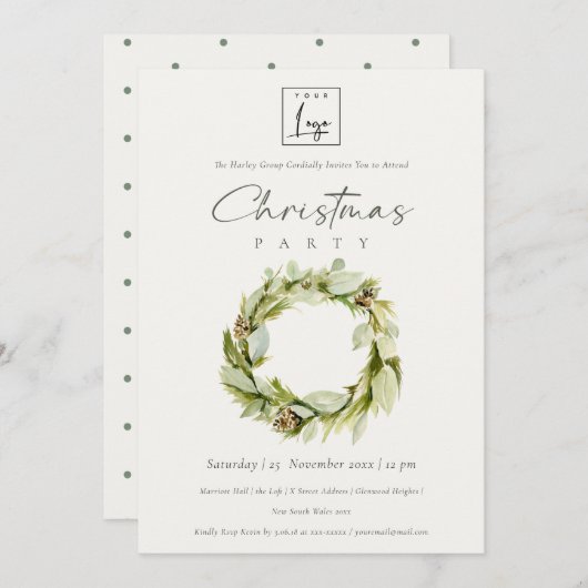 緑の葉の冬のリースロゴクリスマスパーティー 招待状 (正面/裏面)