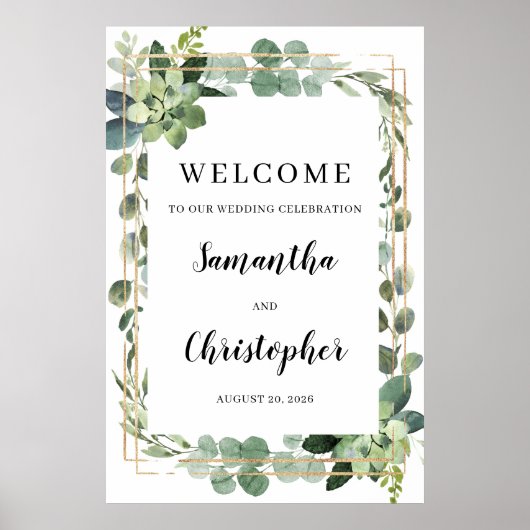 緑の葉の多肉質金ゴールドフレーム歓迎サイン ポスター (正面)
