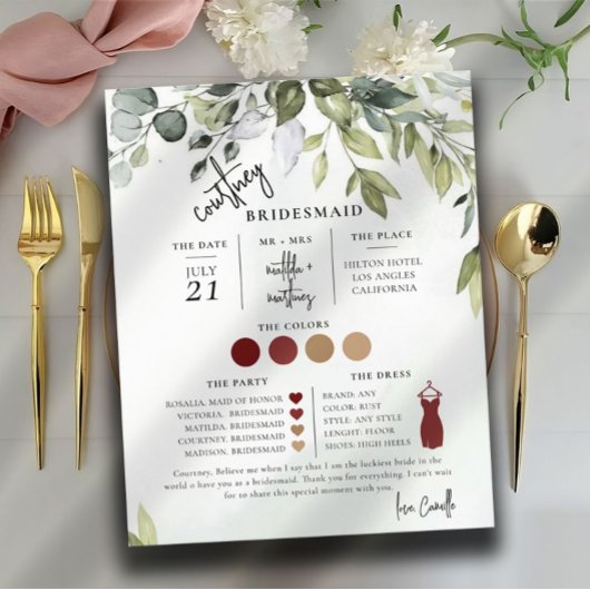 緑の葉の文字スクリプトBridesmaid情報カード