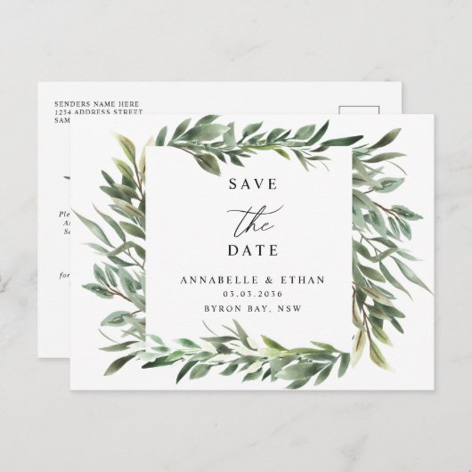 緑の葉の日付を保存招待状はがき ポストカード (正面/裏面)