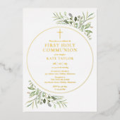 緑の葉の最初の聖餐式金ゴールド 箔招待状 (正面)