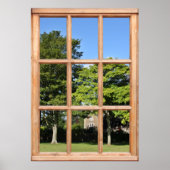 緑の葉の木とコテージの窓からの眺め ポスター (正面)