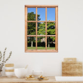 緑の葉の木とコテージの窓からの眺め ポスター (キッチン)