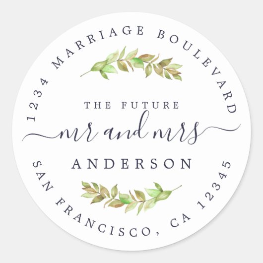 緑の葉の未来ミセス結婚ズ差出人住所 ラウンドシール (正面)