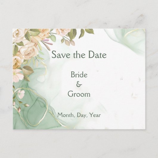 緑の葉の植物性アイボリーバラは日付を保存 案内ポストカード (正面)