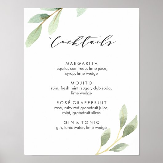 緑の葉の植物性結婚のカクテルメニューサイン ポスター (正面)