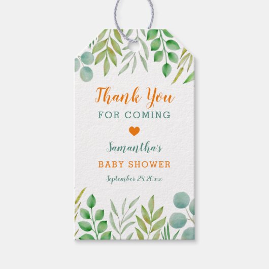緑の葉の水色の植物ありがとう ギフトタグ (正面)