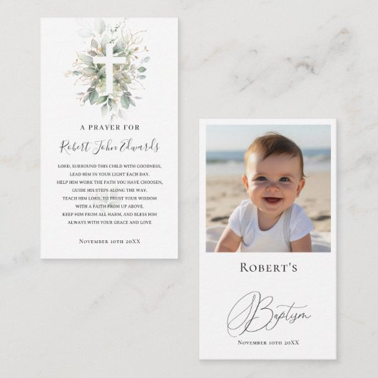 緑の葉の男女兼用バプテスマ祈りの言葉 コーリングカード (正面/裏面)