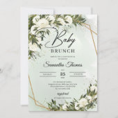 緑の葉の白いバラの金ゴールドのフレームブランチ 招待状 (正面)