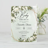 緑の葉の白いバラの金ゴールドのフレームブランチ 招待状 (スタンド正面)