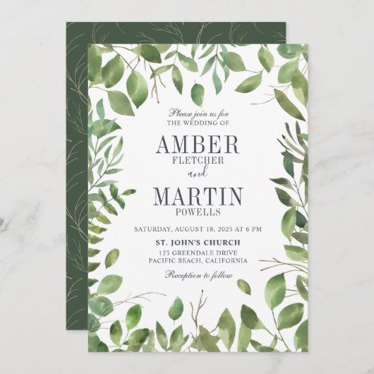 緑の葉の結婚葉色 招待状 (正面/裏面)