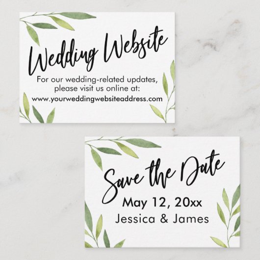 緑の葉の結婚Webサイト、日付カードの保存 名刺 (正面/裏面)