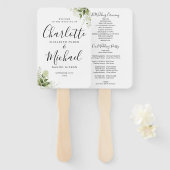 緑の葉の署名スクリプト結婚式 プログラム ハンドファン (正面&裏面)