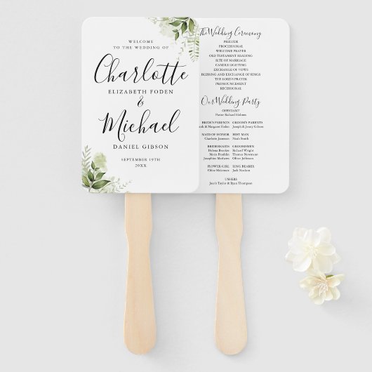 緑の葉の署名スクリプト結婚式 プログラム ハンドファン (正面&裏面)