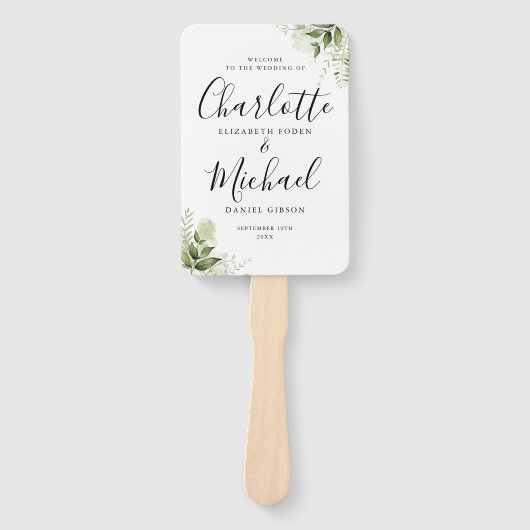 緑の葉の署名スクリプト結婚式 プログラム ハンドファン (正面)