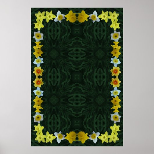 緑の葉の背景に水仙のフレーム ポスター (正面)